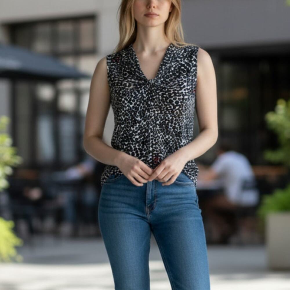 CAbi Black Osaka Nights Bowie Animal Print Knot Sleeveless Top